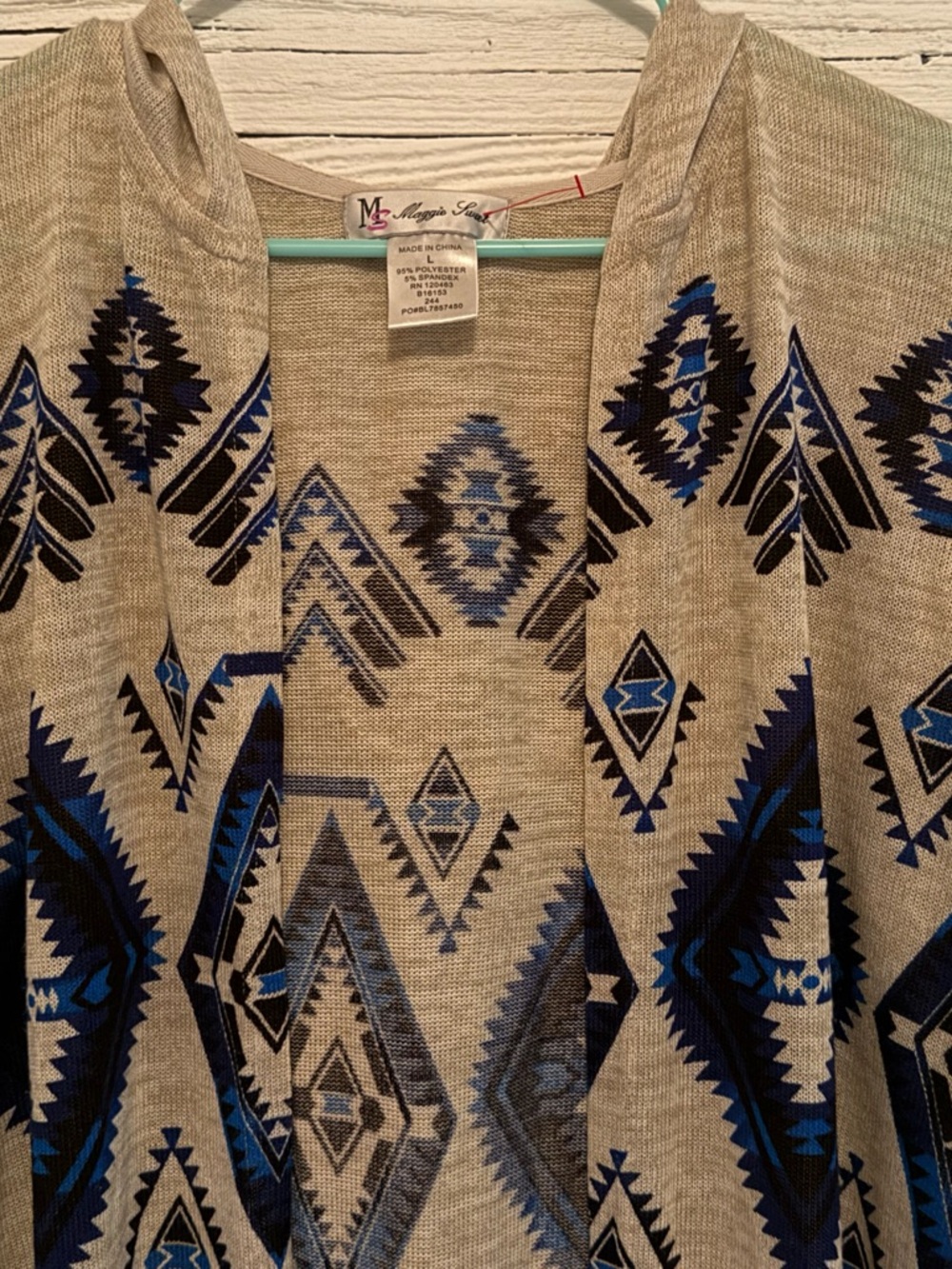 Aztec Print Open Front Cardigan Hooded Women Top - Beige and Blue Relaxed - Picture 2 of 4